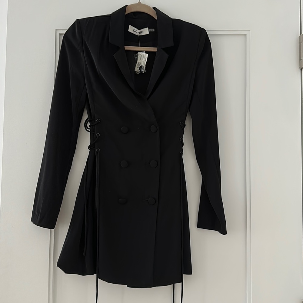 Black lace up side mini blazer dress